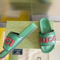 Gucci Unisex GG Slide Sandal Green Red Leather Script Rubber Flat 1 CM Heel (11)