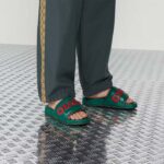 Gucci Unisex GG Slide Sandal Green Red Leather Script Rubber Flat 1 CM Heel - Imagen 11