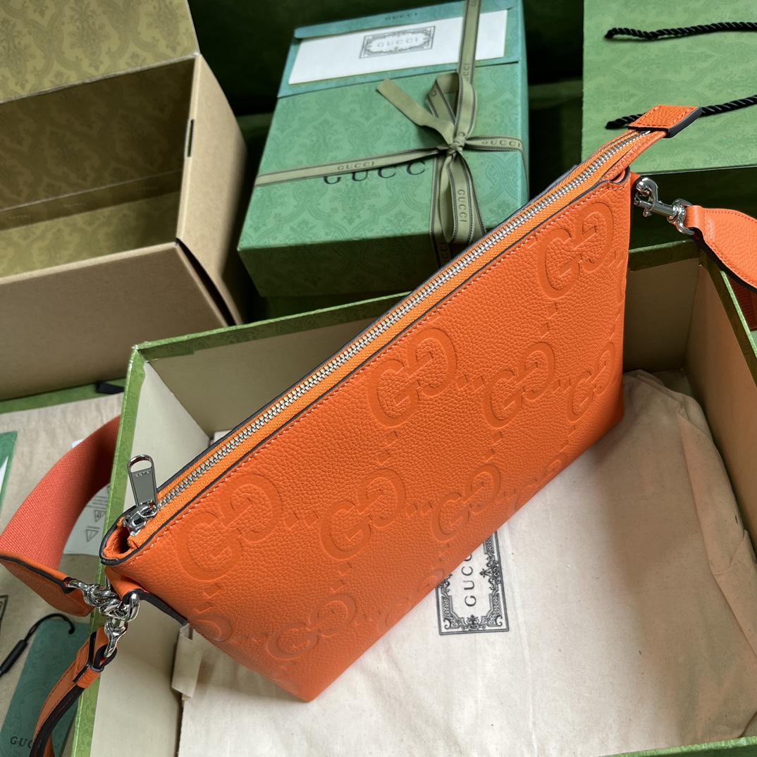 Gucci Unisex Jumbo GG Medium Messenger Bag Orange Leather Zip Closure (11)