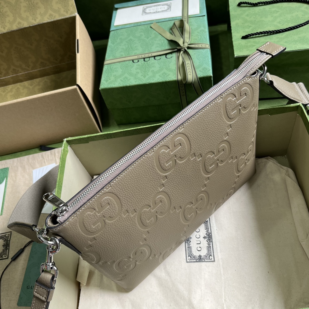 Gucci Unisex Jumbo GG Medium Messenger Bag Taupe Leather Zip Closure (9)