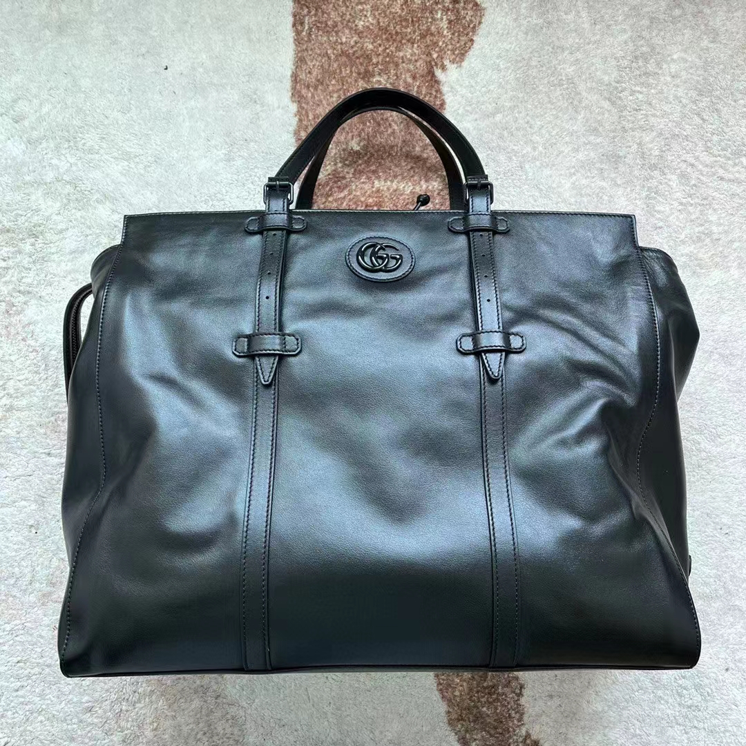 Gucci Unisex Large Tote Bag Tonal Double G Black Leather Original GG Canvas (1)