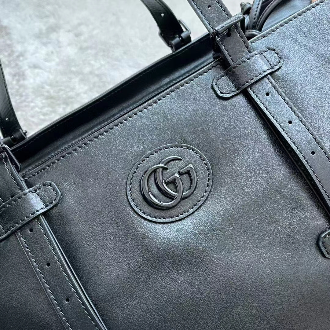 Gucci Unisex Large Tote Bag Tonal Double G Black Leather Original GG Canvas (4)