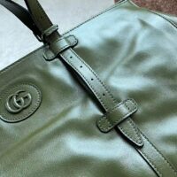 Gucci Unisex Large Tote Bag Tonal Double G Forest Green Leather Original GG Canvas (9)