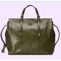 Gucci Unisex Large Tote Bag Tonal Double G Forest Green Leather Original GG Canvas (9)
