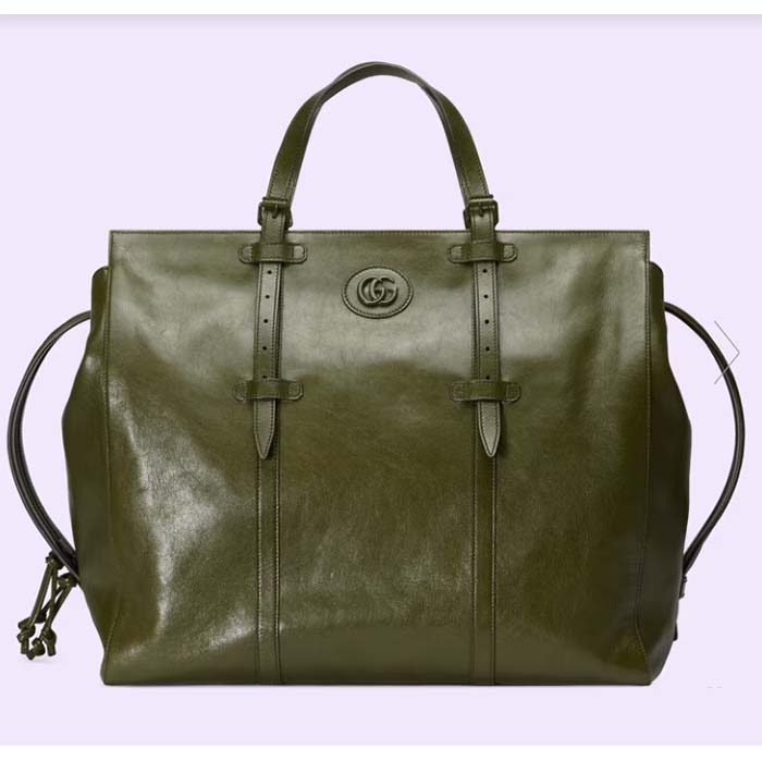 Gucci Unisex Large Tote Bag Tonal Double G Forest Green Leather Original GG Canvas