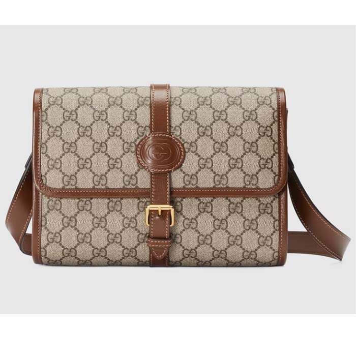 Gucci Unisex Messenger Bag Interlocking G Beige Ebony GG Supreme Canvas Leather