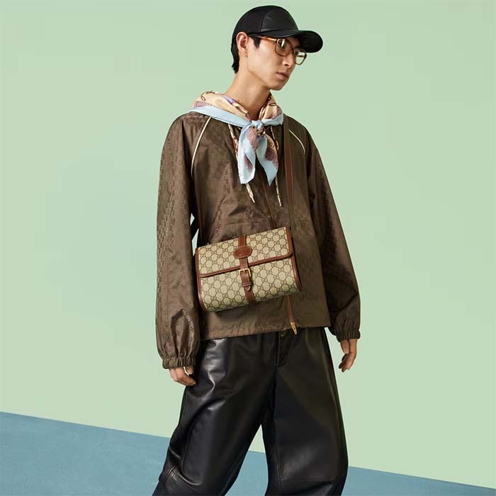 Gucci Unisex Messenger Bag Interlocking G Beige Ebony GG Supreme Canvas Leather (2)