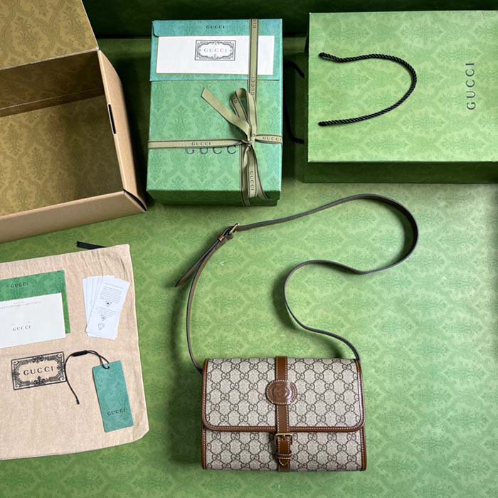 Gucci Unisex Messenger Bag Interlocking G Beige Ebony GG Supreme Canvas Leather (7)