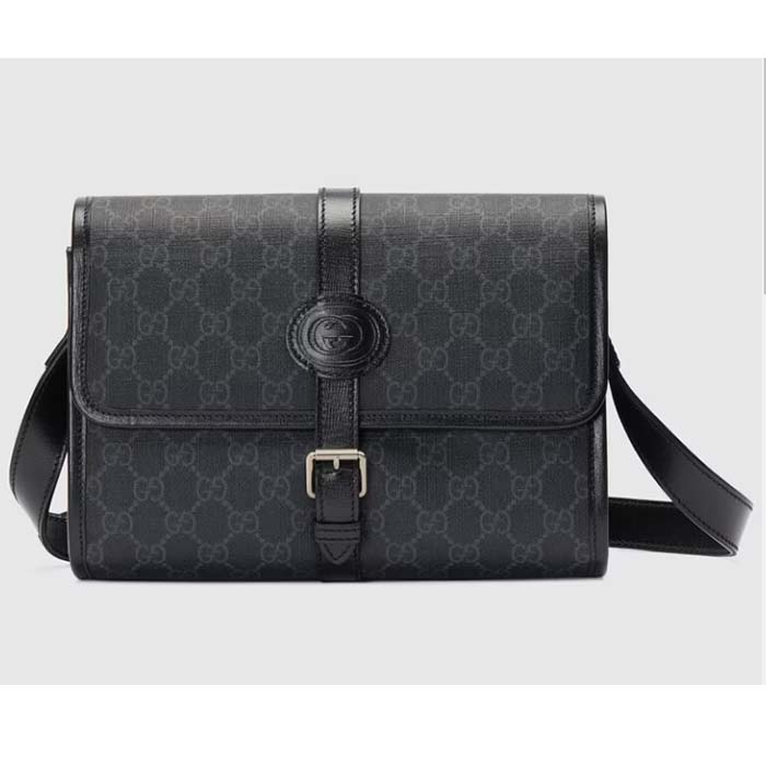 Gucci Unisex Messenger Bag Interlocking G Black GG Supreme Canvas Leather