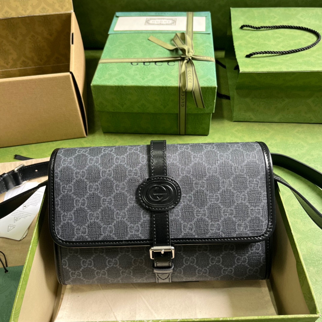 Gucci Unisex Messenger Bag Interlocking G Black GG Supreme Canvas Leather (7)