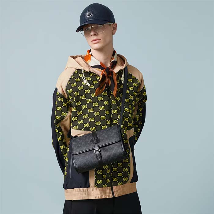 Gucci Unisex Messenger Bag Interlocking G Black GG Supreme Canvas Leather
