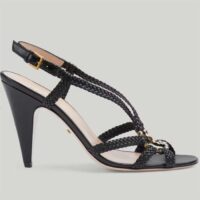 Gucci Women Crystal Interlocking G Sandal Black Braided Leather High 9 Cm Heel