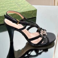 Gucci Women Crystal Interlocking G Sandal Black Braided Leather High 9 Cm Heel (3)