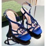 Gucci Women Crystal Interlocking G Sandal Blue Metallic Braided Leather High Heel – Image 2