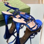 Gucci Women Crystal Interlocking G Sandal Blue Metallic Braided Leather High Heel – Image 4