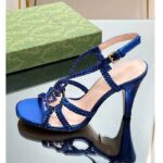 Gucci Women Crystal Interlocking G Sandal Blue Metallic Braided Leather High Heel – Image 6