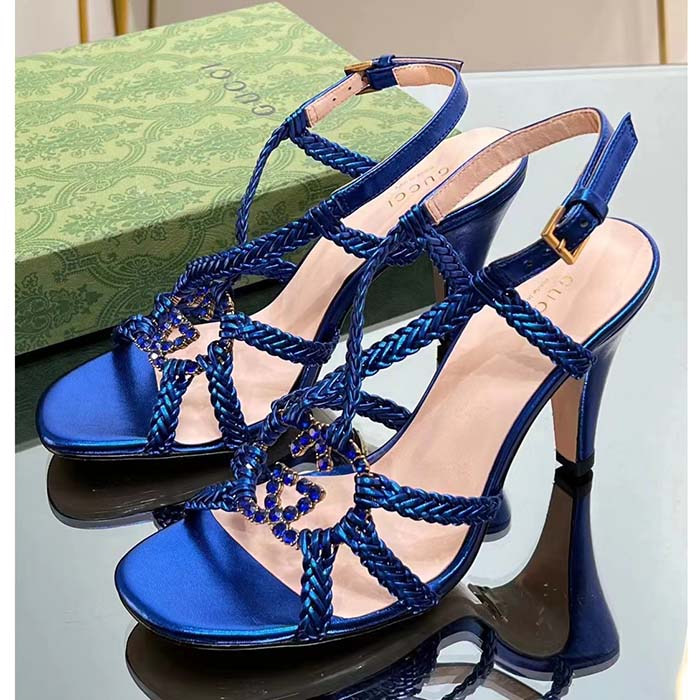 Gucci Women Crystal Interlocking G Sandal Blue Metallic Braided Leather High Heel (6)