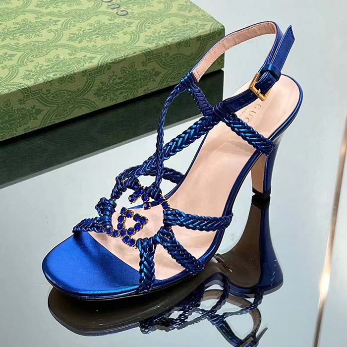 Gucci Women Crystal Interlocking G Sandal Blue Metallic Braided Leather High Heel (9)