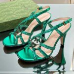 Gucci Women Crystal Interlocking G Sandal Green Metallic Braided Leather High Heel - Image 5