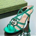 Gucci Women Crystal Interlocking G Sandal Green Metallic Braided Leather High Heel - Image 6