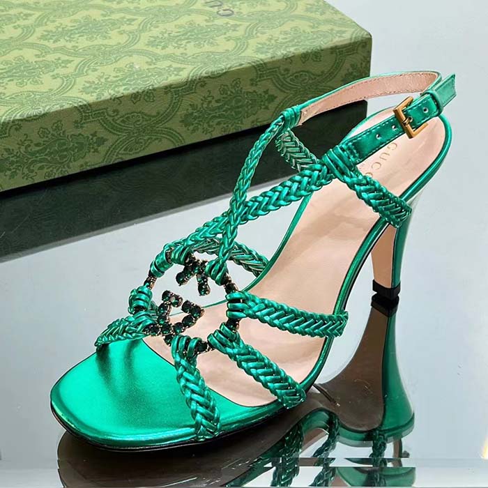 Gucci Women Crystal Interlocking G Sandal Green Metallic Braided Letaher High Heel (11)