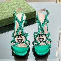 Gucci Women Crystal Interlocking G Sandal Green Metallic Braided Letaher High Heel (8)