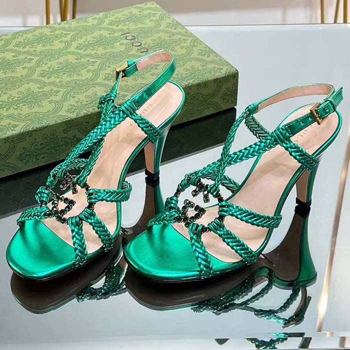 Gucci Women Crystal Interlocking G Sandal Green Metallic Braided Letaher High Heel (4)