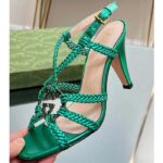 Gucci Women Crystal Interlocking G Sandal Green Metallic Braided Leather High Heel - Image 4