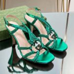 Gucci Women Crystal Interlocking G Sandal Green Metallic Braided Leather High Heel - Image 2