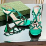 Gucci Women Crystal Interlocking G Sandal Green Metallic Braided Leather High Heel - Image 7
