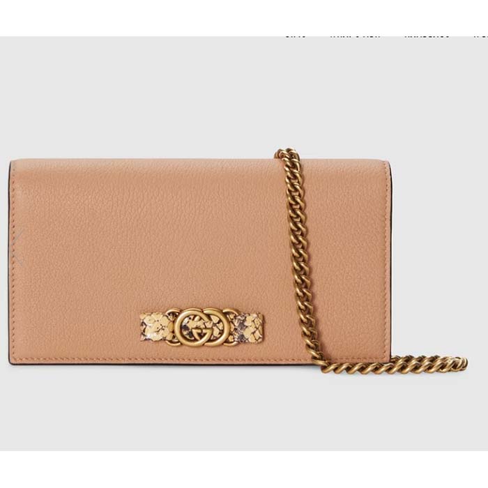 Gucci Women GG Chain Wallet Interlocking G Python Bow Rose Beige Leather