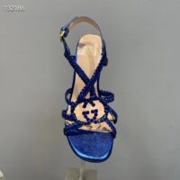 Gucci Women GG Cystal Interlocking G Sandal Blue Metallic Braided High 9 CM Heel (5)