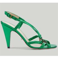 Gucci Women GG Cystal Interlocking G Sandal Green Metallic Braided High 9 CM Heel