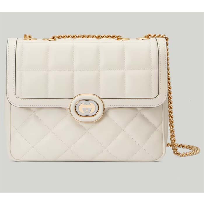 Gucci Women GG Deco Small Shoulder Bag Off White Quilted Leather