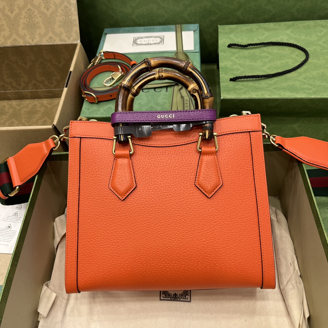 Gucci Women GG Diana Small Tote Bag Orange Leather Double G (10)