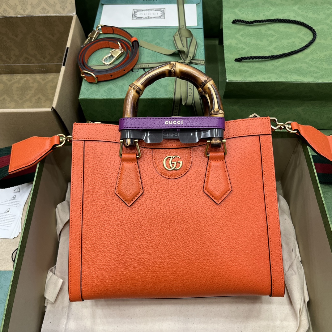 Gucci Women GG Diana Small Tote Bag Orange Leather Double G (7)