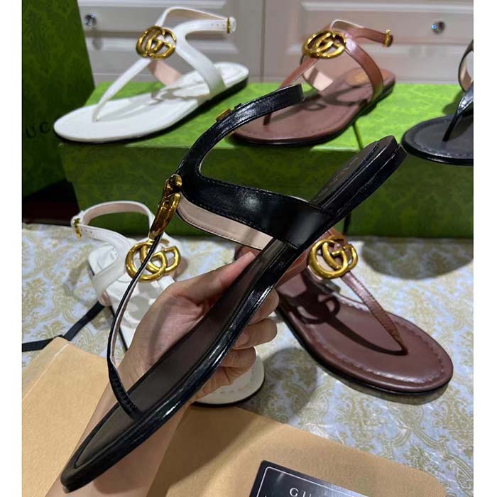 Gucci Women GG Double G Thong Sandal Black Leather Flat 0.5 CM Heel (5)
