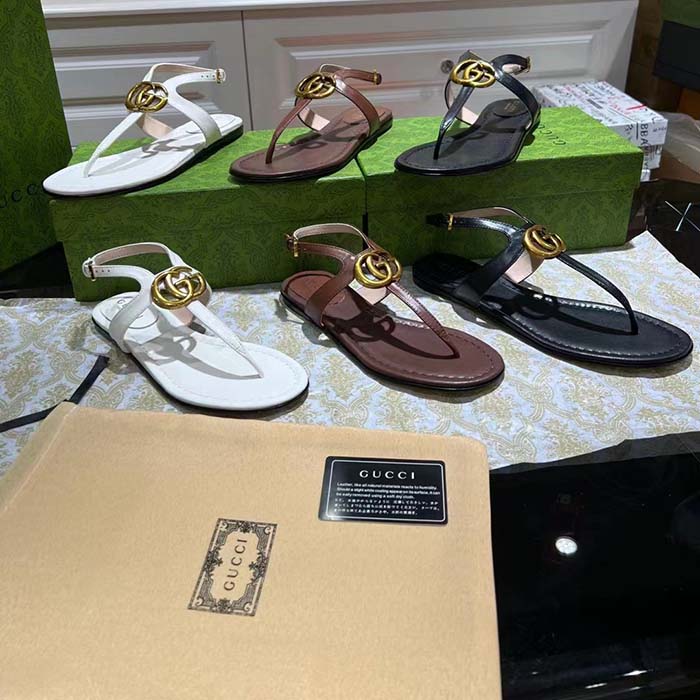 Gucci Women GG Double G Thong Sandal Brown Leather Flat 0.5 CM Heel (1)