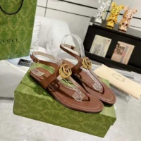 Gucci Women GG Double G Thong Sandal Brown Leather Flat 0.5 CM Heel