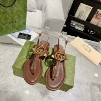Gucci Women GG Double G Thong Sandal Brown Leather Flat 0.5 CM Heel