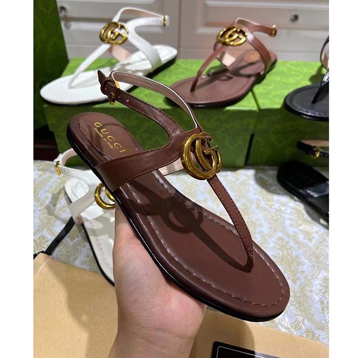 Gucci Women GG Double G Thong Sandal Brown Leather Flat 0.5 CM Heel (3)