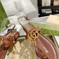 Gucci Women GG Double G Thong Sandal Brown Leather Flat 0.5 CM Heel