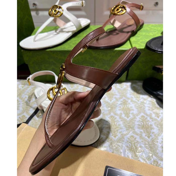 Gucci Women GG Double G Thong Sandal Brown Leather Flat 0.5 CM Heel (4)