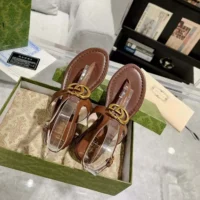 Gucci Women GG Double G Thong Sandal Brown Leather Flat 0.5 CM Heel