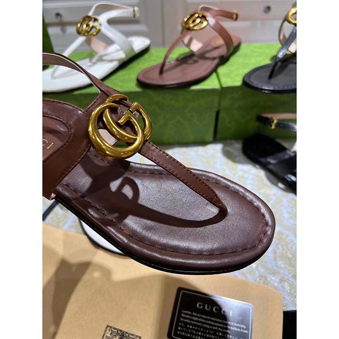 Gucci Women GG Double G Thong Sandal Brown Leather Flat 0.5 CM Heel (5)