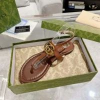 Gucci Women GG Double G Thong Sandal Brown Leather Flat 0.5 CM Heel