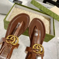 Gucci Women GG Double G Thong Sandal Brown Leather Flat 0.5 CM Heel