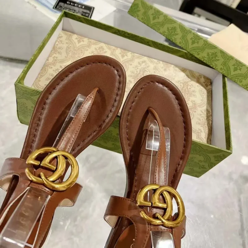 Gucci Women GG Double G Thong Sandal Brown Leather Flat 0.5 CM Heel