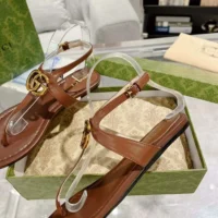 Gucci Women GG Double G Thong Sandal Brown Leather Flat 0.5 CM Heel