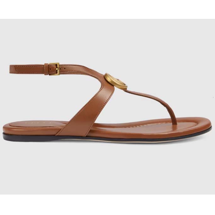 Gucci Women GG Double G Thong Sandal Brown Leather Flat 0.5 CM Heel
